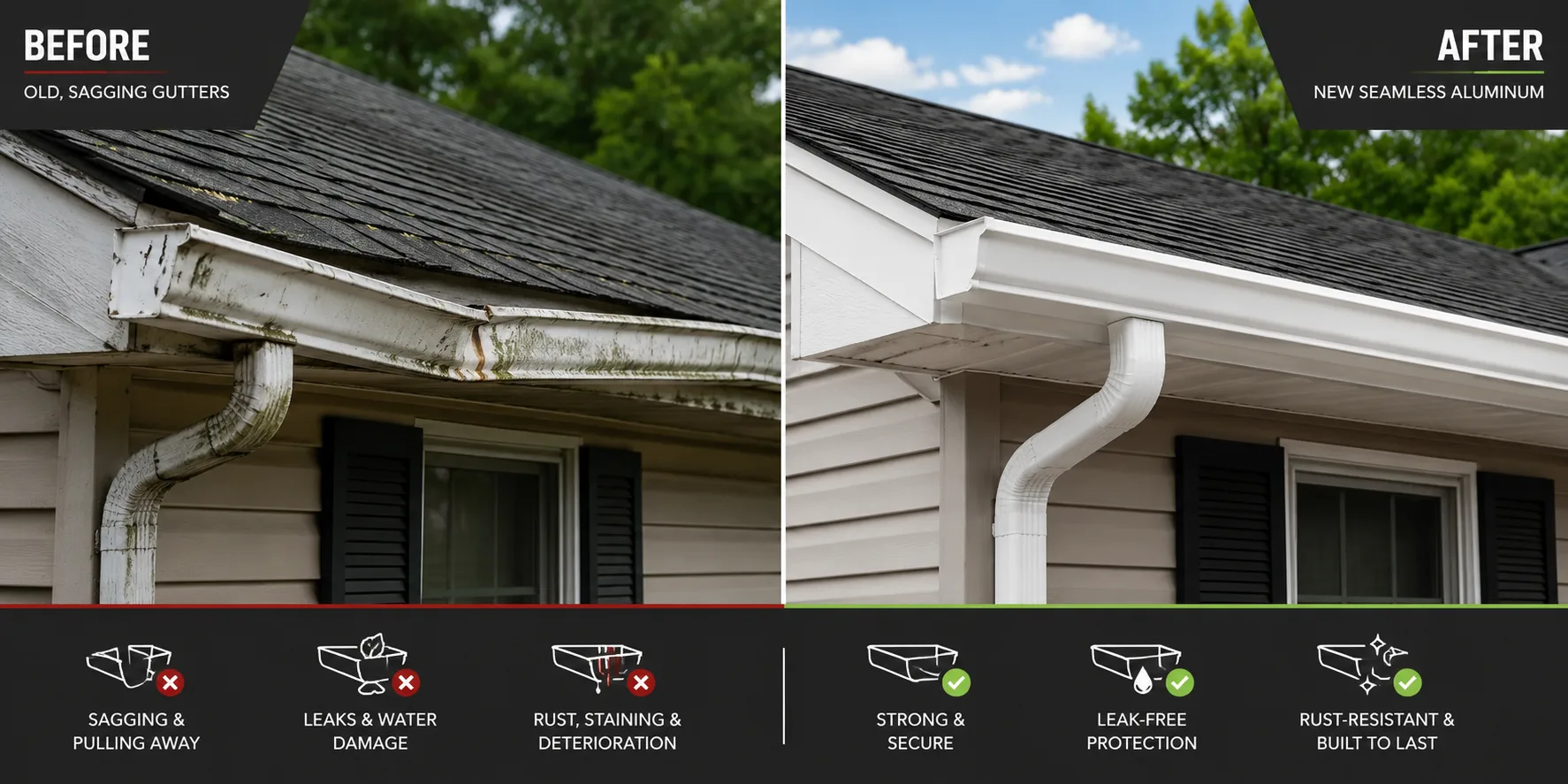 Side-by-side comparison of old failing gutters and new seamless gutters