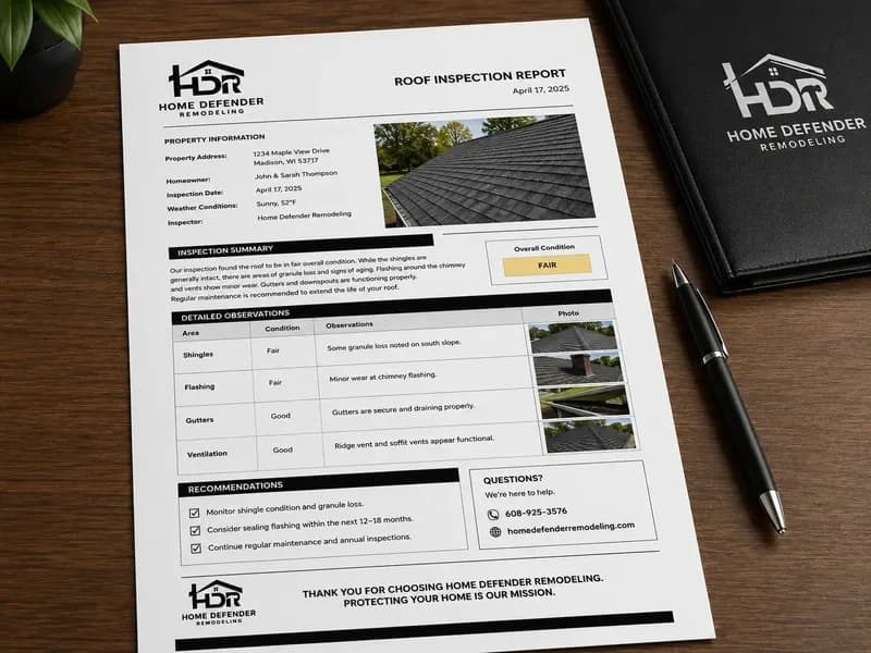 Written roof inspection report with photo documentation