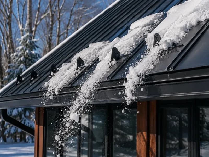 Standing-seam metal roof shedding snow in a Wisconsin winter