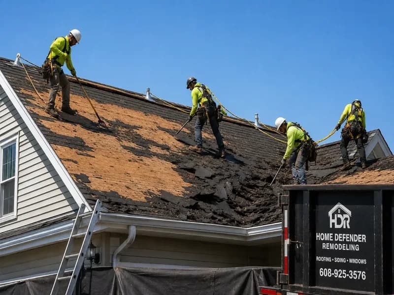 Roof tear-off down to the decking on a Madison home