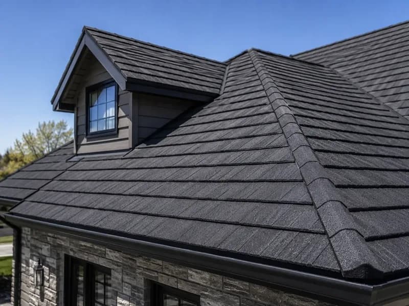 Stone-coated steel roofing tiles installed on a steep slope