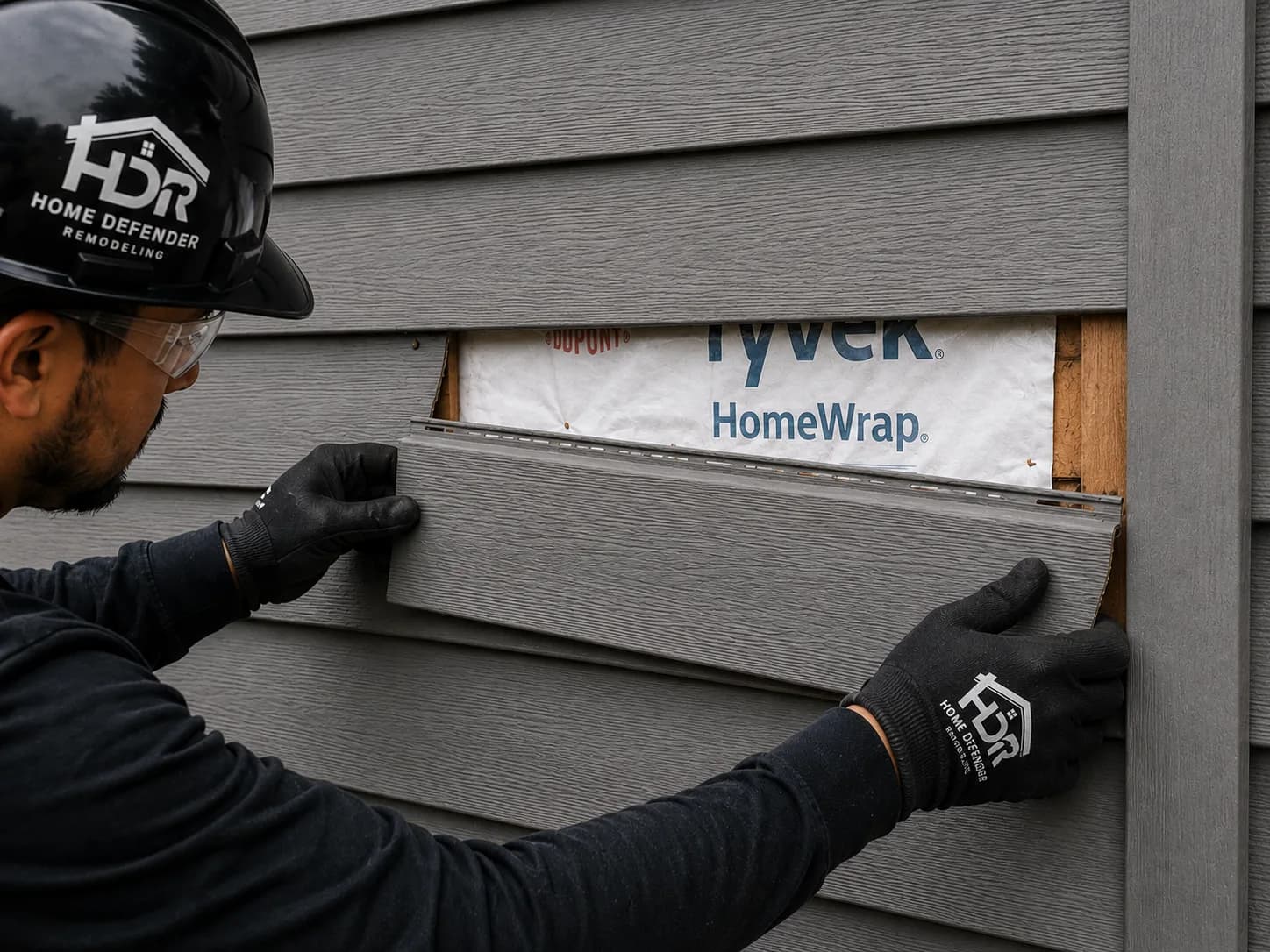 Damaged siding panel being replaced