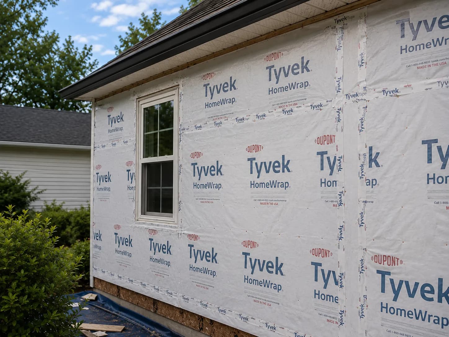 House wrap installed over sheathing before new siding goes up